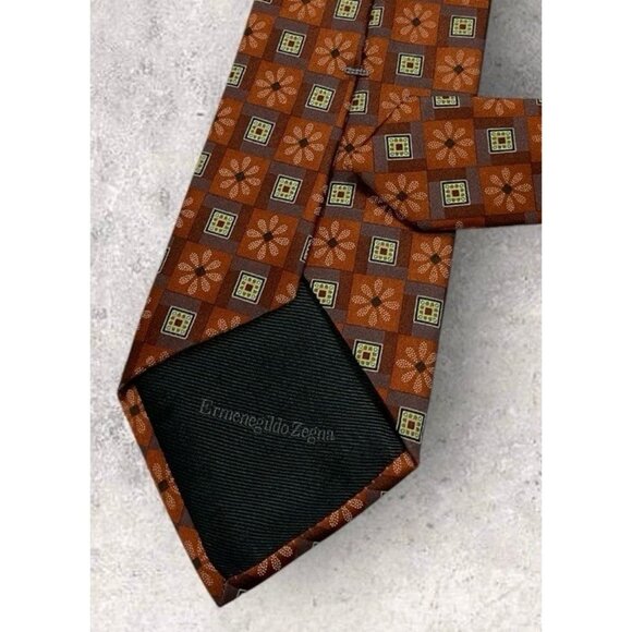 ERMENEGILDO ZEGNA Silk Tie ITALY Brown Orange Geometric Floral W:3.6" EUC - Picture 6 of 7